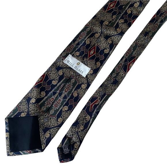 Bill Blass SIlk Tie Ornate Baroque Filigree Made in USA Navy Gold Red EUC - Picture 6 of 9